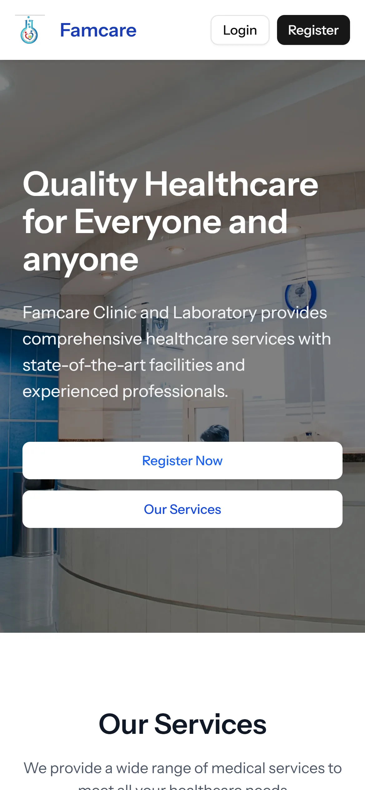 The Famcare homepage on a phone