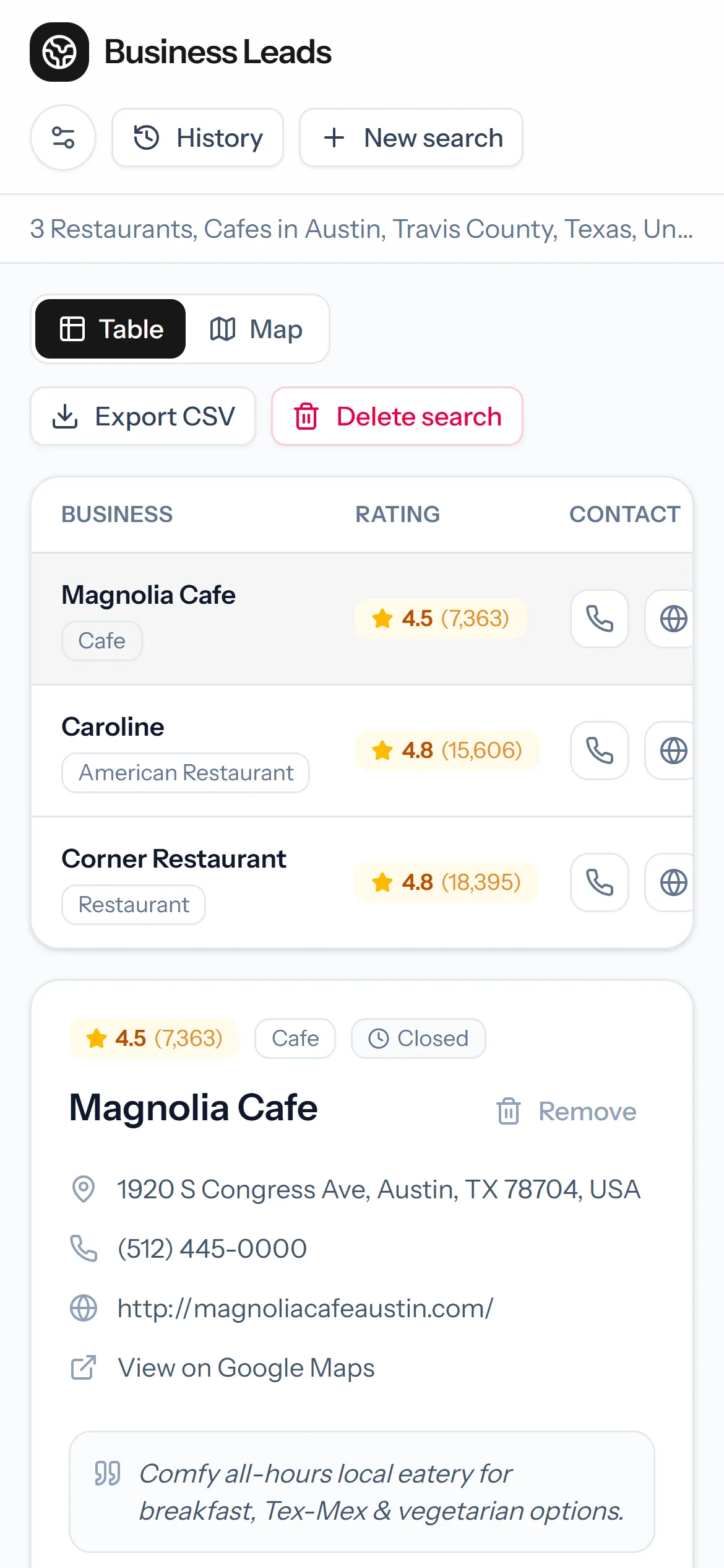 MapiLeads results on a phone