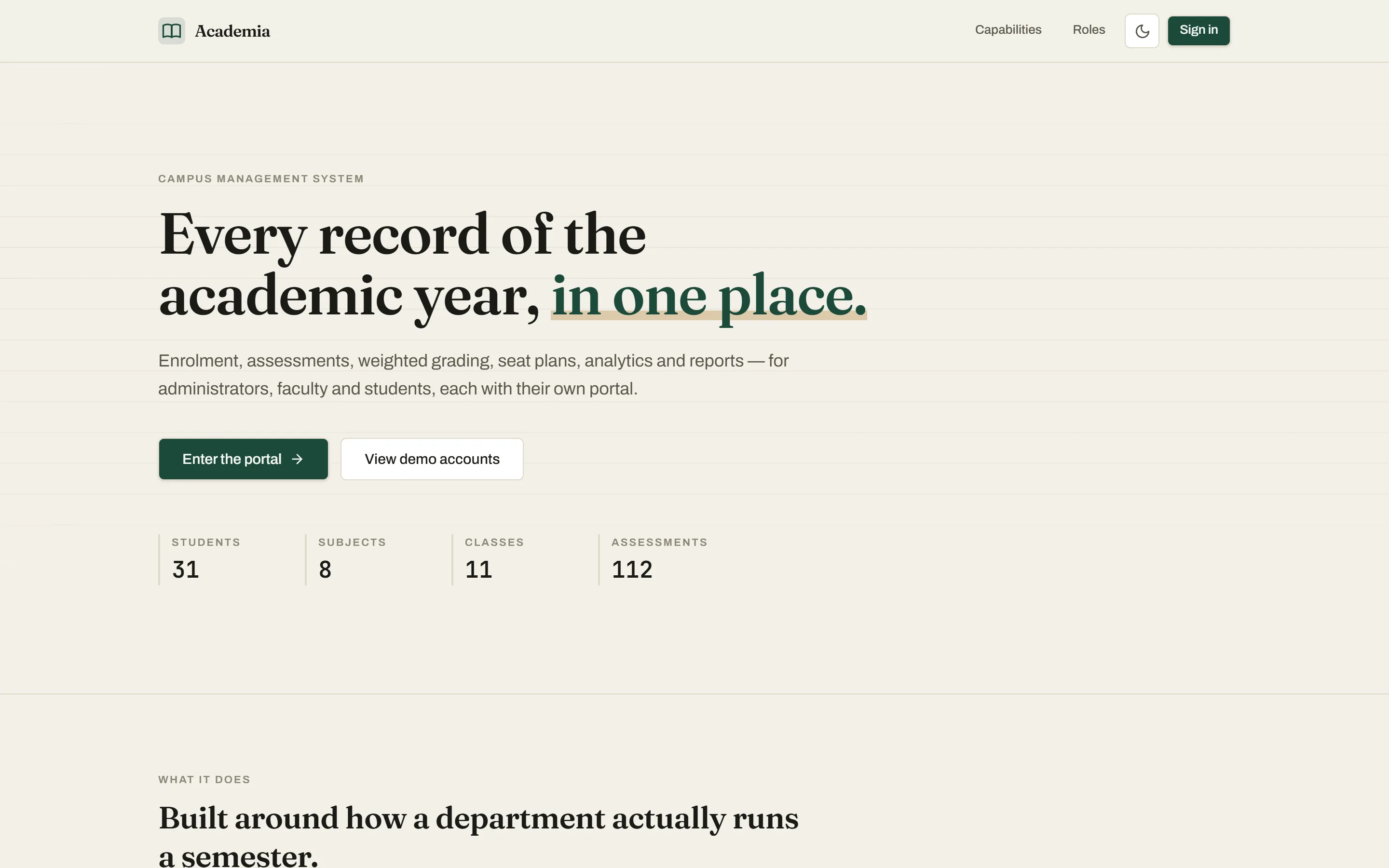 The Academia campus management homepage