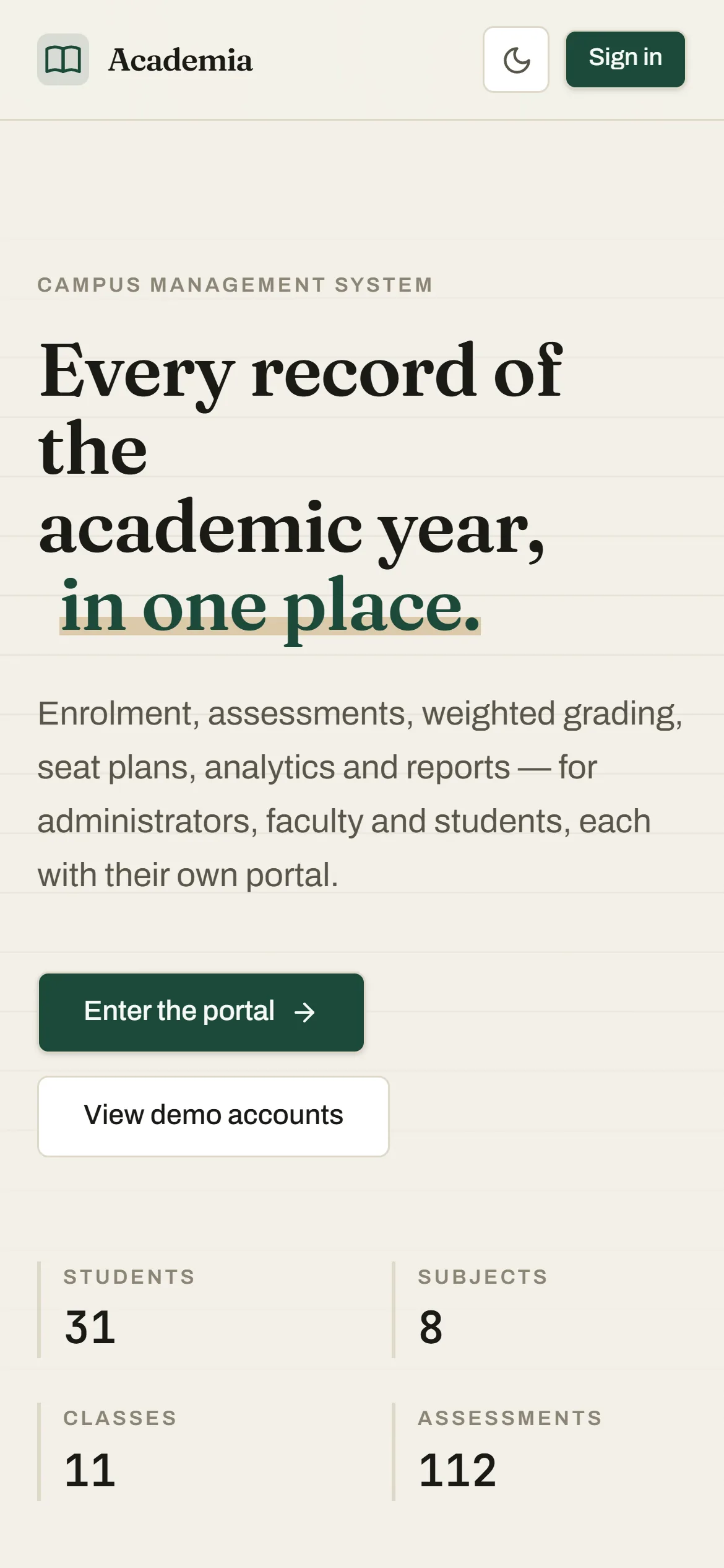 The Academia homepage on a phone