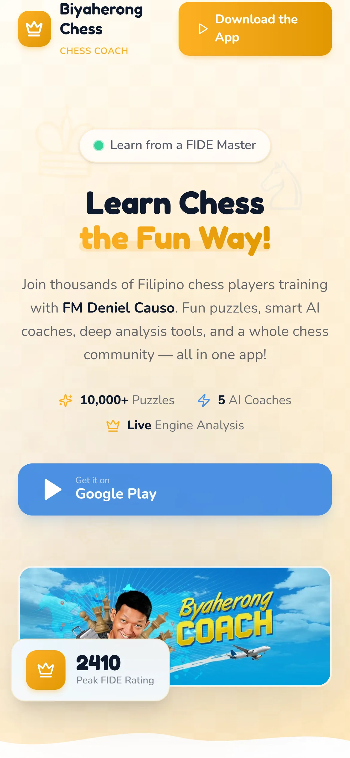 The Biyaherong Chess Coach website on a phone